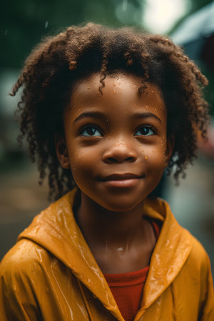 portrait of african american little girl in raincoat looking at cameraの素材