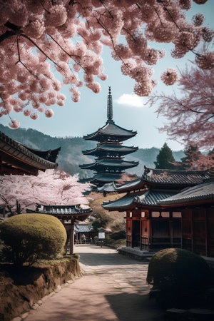 Beautiful cherry blossoms and pagoda in Nara, Japanの素材