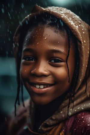 Portrait of a smiling african american little girl in rainの素材