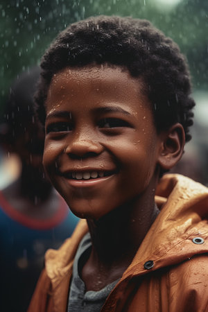 Portrait of a smiling African-American little boy in the rainの素材