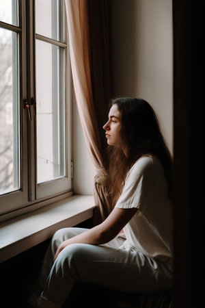 Young woman sitting by the window and looking out the window in the morningの素材