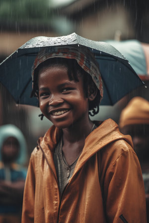 Unidentified Togolese little girl in rain. Togo children suffer of poverty due to the bad economy.の素材