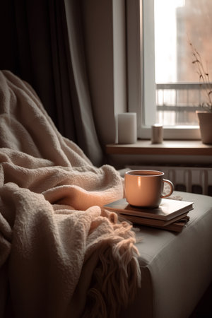 Cup of coffee and book on the bed in the morning.の素材