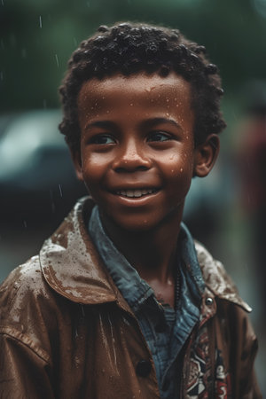 Portrait of a smiling african american boy under the rainの素材