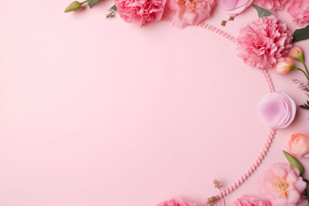 Flowers composition. Frame made of pink flowers on pink background. Flat lay, top view, copy spaceの素材