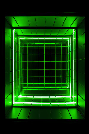 Green glowing neon box on black background. 3D rendering. Square image.の素材