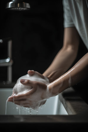 Woman washing her hands with soap in the kitchen. Hygiene concept.の素材