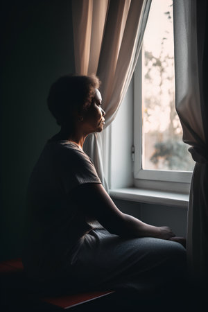 African american woman sitting near window at home and looking out the windowの素材
