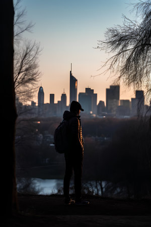 Silhouette of a man with a backpack on the background of the city and the riverの素材