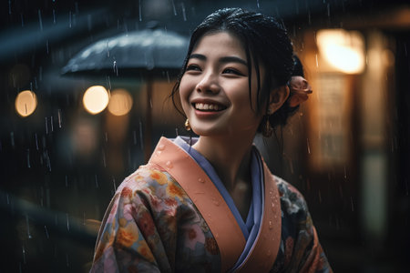 Beautiful japanese woman in kimono walking in rainy dayの素材