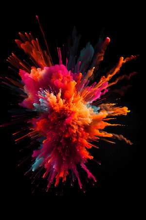 Colorful explosion of paint isolated on black background. 3d renderingの素材