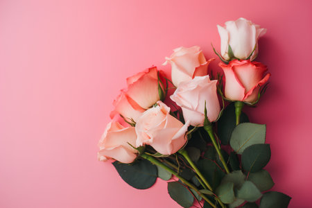 Bouquet of pink and white roses on a pink background.の素材
