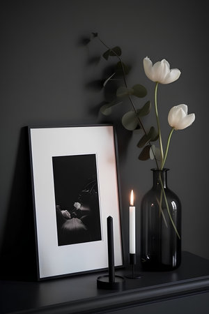 Black photo frame mockup with white tulips in glass vase and burning candle on black tableの素材
