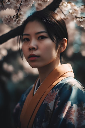Beautiful asian woman in kimono with sakura blossomの素材