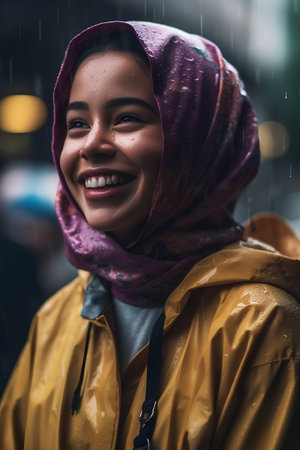 Portrait of young muslim woman in raincoat and scarf smilingの素材