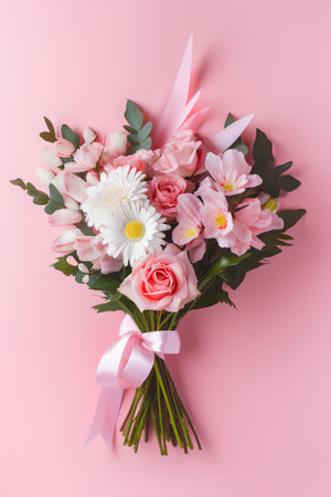 Bouquet of pink and white flowers on a pink background. Flat lay, top view.の素材