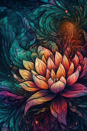 Colorful abstract background with lotus flower. Hand-drawn illustration.の素材