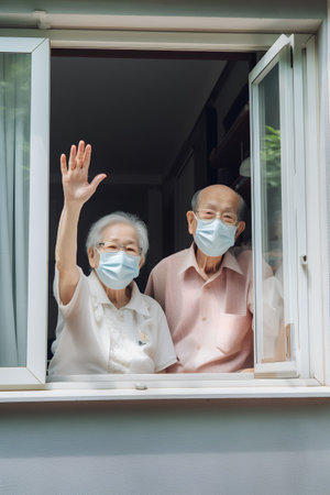 Asian senior couple wearing face mask and looking out the window at home.の素材