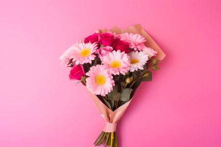 Flower bouquet on pink background. Flat lay, top viewの素材