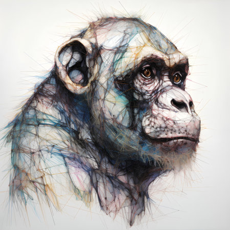 Chimpanzee portrait combined with colored paint splashes on white backgroundの素材