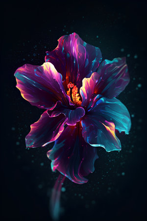 Colorful hibiscus flower on black background. 3d illustrationの素材