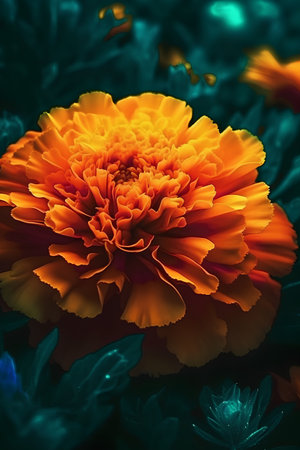 Orange marigold flower on a dark background. Floral backgroundの素材