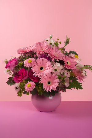 Bouquet of pink flowers in vase on pink background.の素材