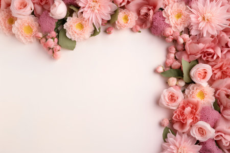 Frame made of pink flowers on white background. Flat lay, top viewの素材
