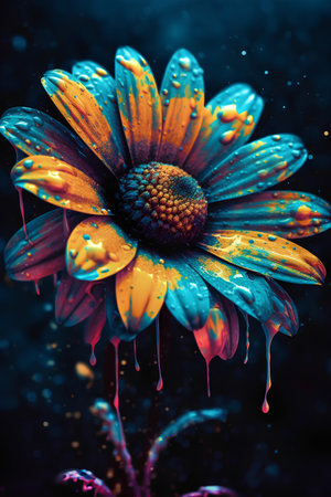 Colorful daisy flower with drops of water on a dark backgroundの素材