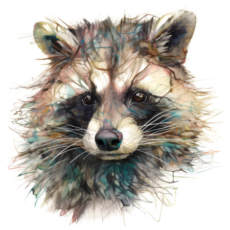 Portrait of a raccoon with multicolored feathers. Watercolor illustrationの素材