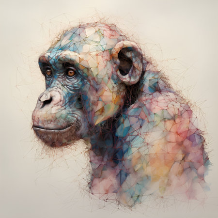 Monkey head with colorful abstract paint splashes. 3d illustrationの素材