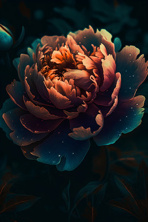 Beautiful peony flower on dark background. Close-up.の素材