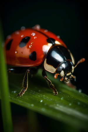 ladybug on green grass isolated on black background macro close upの素材
