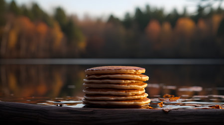 Stack of pancakes on a wooden log on a background of autumn forestの素材
