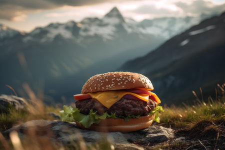 Cheeseburger on the top of a mountain with mountains in the backgroundの素材