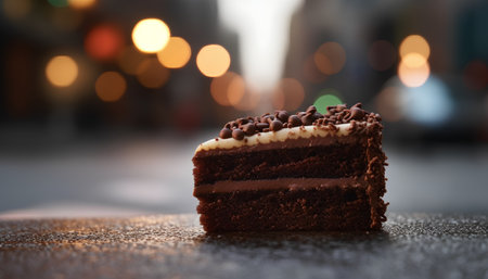 Chocolate cake on the table with defocused lights in the backgroundの素材