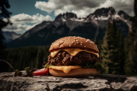 Cheeseburger on a stump with mountains in the background.の素材