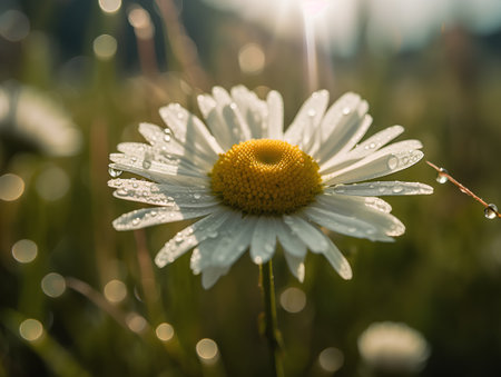 Beautiful chamomile flower with dew drops close upの素材