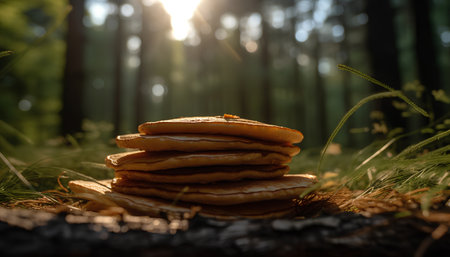 Pancakes in the forest. Stack of pancakes on the forest floor.の素材