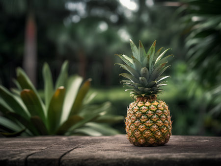 Pineapple on wooden table in the garden with blur background.の素材