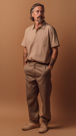 Full length portrait of an old man in beige pants and shirt.の素材