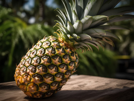 Pineapple on a wooden table in the garden. Toned.の素材