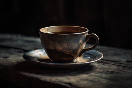 Coffee cup on old wooden table. Vintage style toned pictureの素材