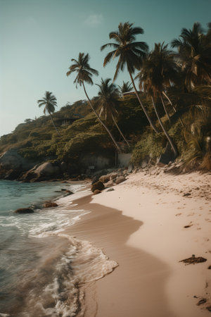 Tropical beach with palm trees and sand. Filtered image processed vintage effect.の素材