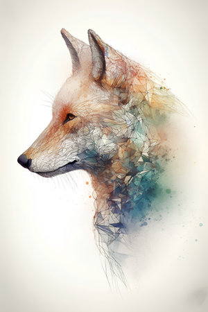 Portrait of a wild fox with colorful watercolor splashes on a white backgroundの素材