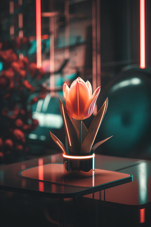 Beautiful red tulip flower in vase on black table. 3d renderingの素材