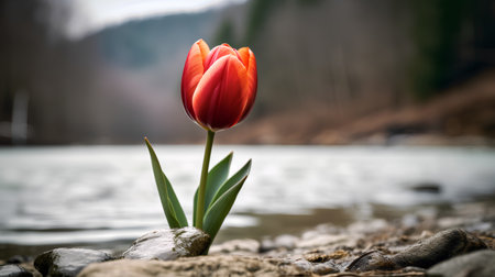 Red tulip flower on the bank of a mountain river in springの素材