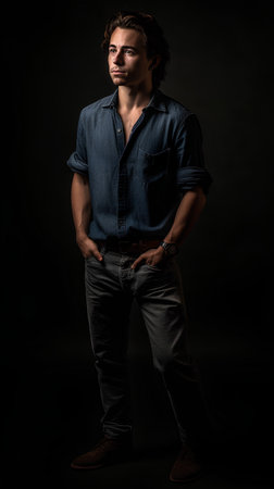 Portrait of a handsome young man in jeans and a shirt posing on a black backgroundの素材