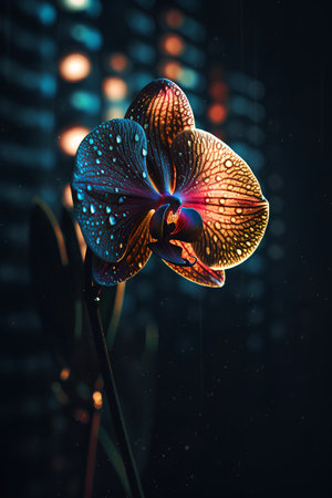 Orchid flower with water drops on black background. 3d illustrationの素材