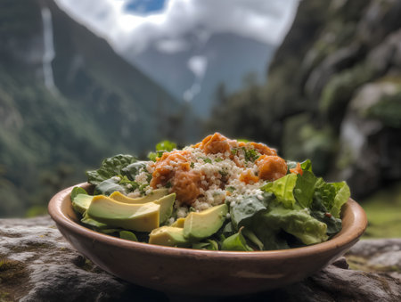 Quinoa salad with avocado in a clay bowl on a background of mountainsの素材